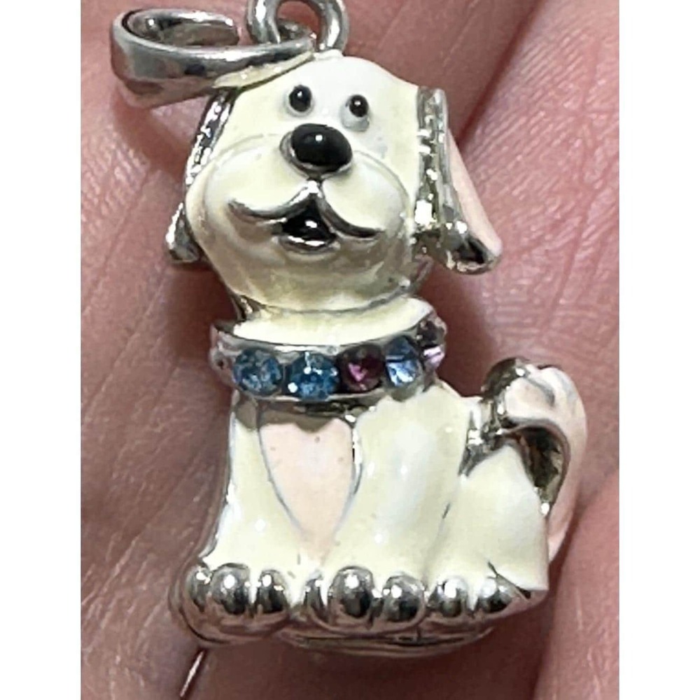 Enamel & Silvertone 3D Dog Pendant with Rhinestone Collar Retro Style Pre-Owned